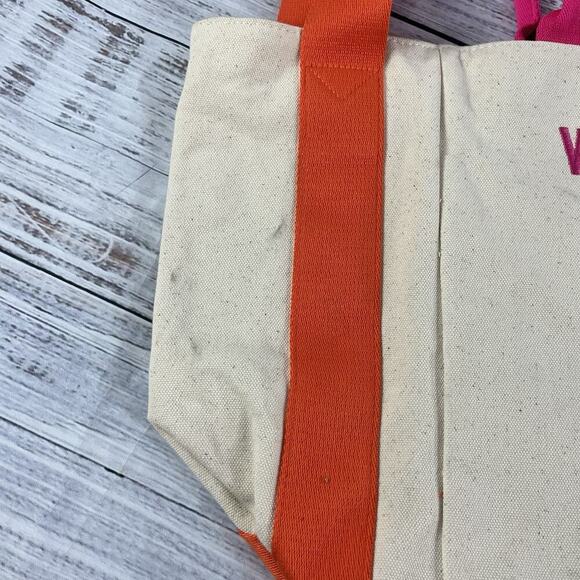 Victoria's Secret Tote Beach Bag Pink Orange Canvas Large Carryall Shoulder - Picture 5 of 8